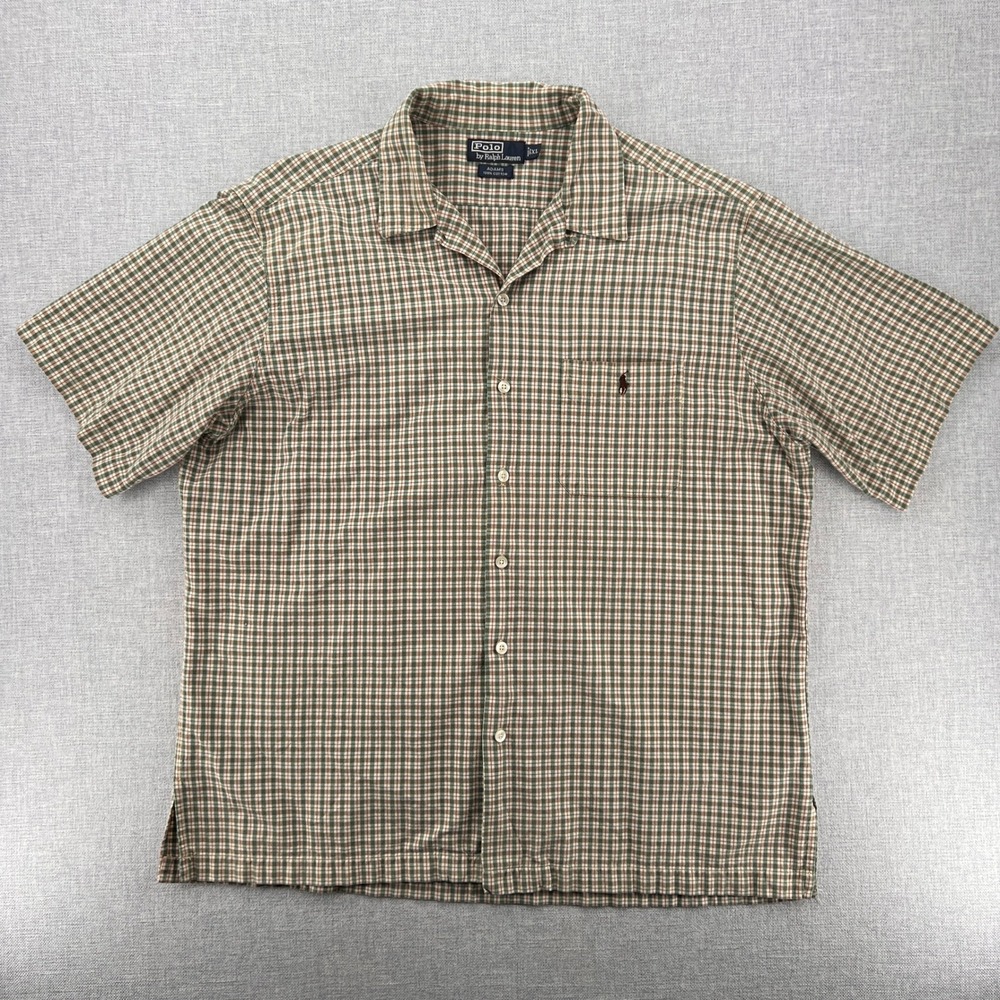 VTG Y2K Polo Ralph Lauren Adams Loop Collar Shirt Men XL Green Tan Check Camp